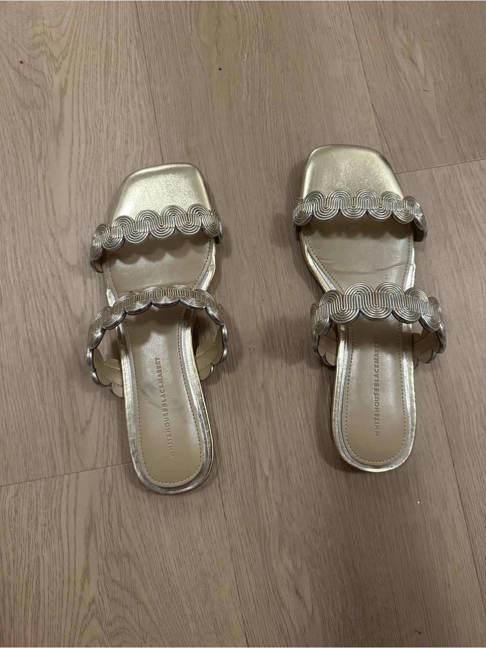 White House Black Market Metallic Gold Scalloped Double-Strap Slide Sandals